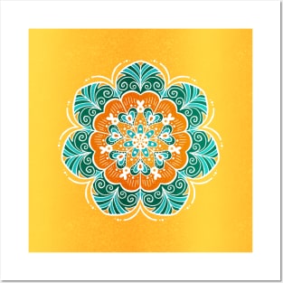 Blue, Orange & Yellow Flower Mandala Posters and Art